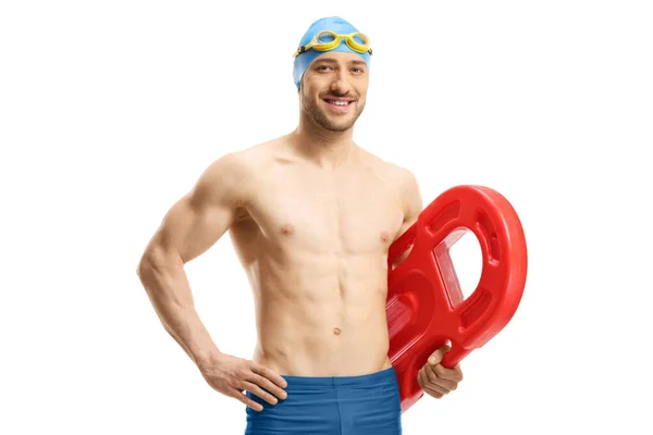 Schwimmerin Badehosen Hält Einen Schwimmer Isoliert Auf Weißem Hintergrund — Stockfoto