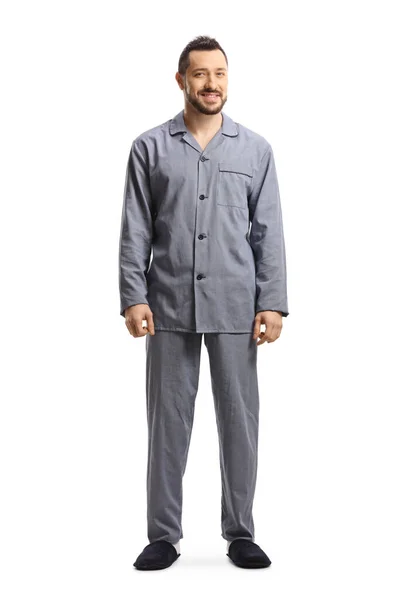 Full Length Portret Van Een Man Pyjama Staan Geïsoleerd Witte — Stockfoto