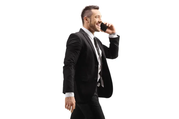 Smiling Businessman Walking Talking Mobile Phone Isolated White Background — Stock Photo, Image