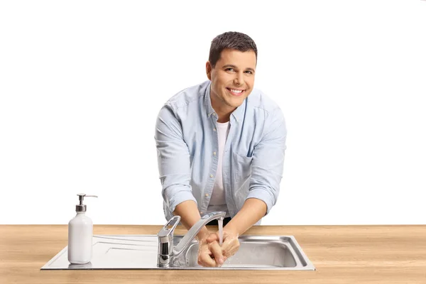 Junger Lässiger Mann Wäscht Sich Die Hände Einem Waschbecken Auf — Stockfoto
