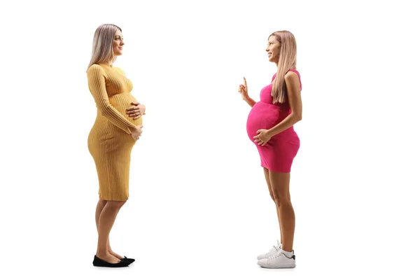 Twee Vrouwen Delen Zwangerschap Ervaringen Geïsoleerd Witte Achtergrond — Stockfoto