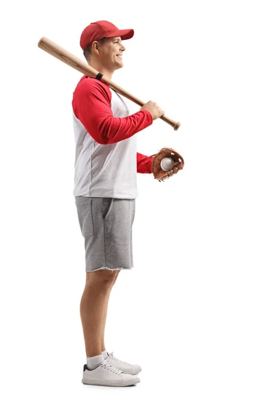 Полнометражный Снимок Человека Бейсбольной Битой Перчаткой Мячом Белом Фоне — стоковое фото