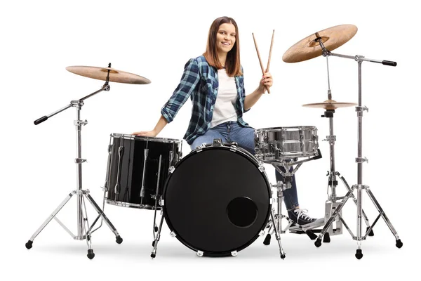 Female Drummer Drum Set Isolated White Background — Stock Photo, Image