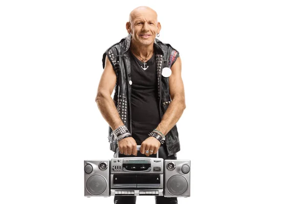 Punk Rocker Lederen Outfit Met Een Boombox Radio Geïsoleerd Witte — Stockfoto