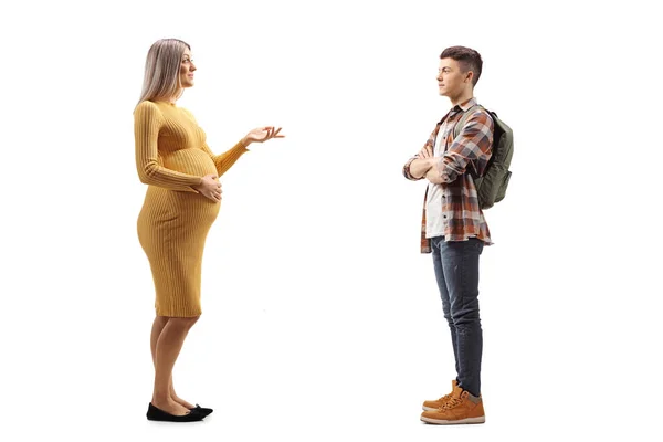 Foto Perfil Completo Una Mujer Embarazada Con Vestido Amarillo Hablando — Foto de Stock