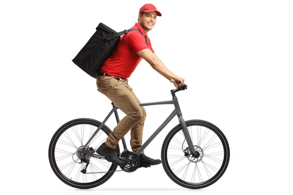 Essenslieferant Mit Tasche Auf Fahrrad Isoliert Auf Weißem Hintergrund — Stockfoto