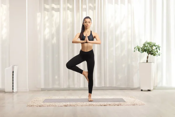 Full Length Portrait Young Female Exercising Yoga Pose Mat Home — Stock Photo, Image