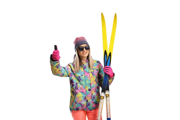 Youn Frau Skiuniform Zeigt Daumen Nach Oben Isoliert Auf Weißem — Stockfoto