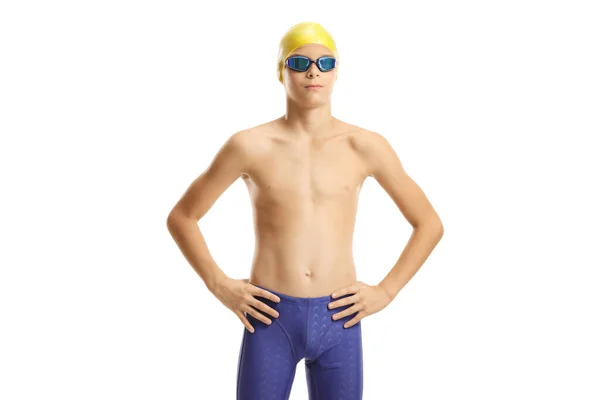 Niño Nadador Posando Aislado Sobre Fondo Blanco — Foto de Stock