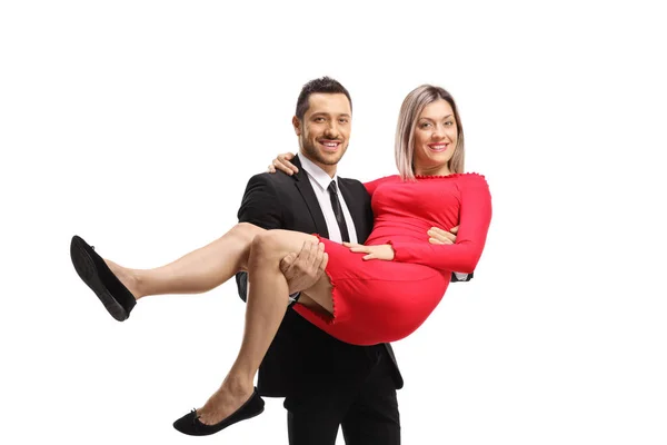 Hombre Cargando Mujer Sus Brazos Aislado Sobre Fondo Blanco — Foto de Stock