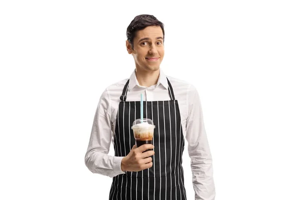 Barista Sonriendo Sosteniendo Café Con Crema Una Taza Plástico Para — Foto de Stock