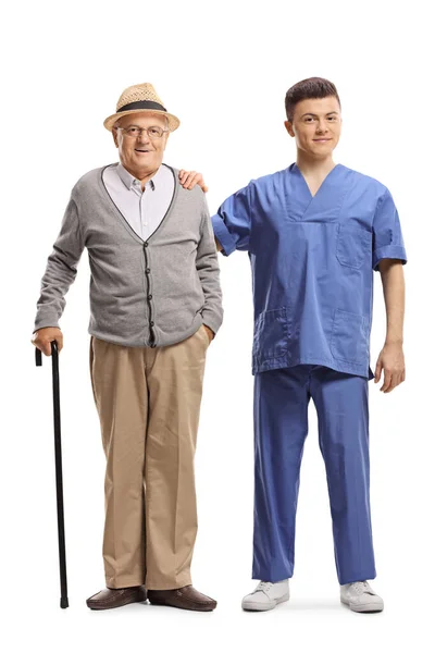 Full Length Portrait Male Nurse Elderly Man Isolated White Background — Stock Photo, Image