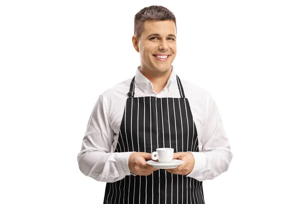 Man Apron Holding Espresso Coffee Smiling Camera Isolated White Background — Stock Photo, Image