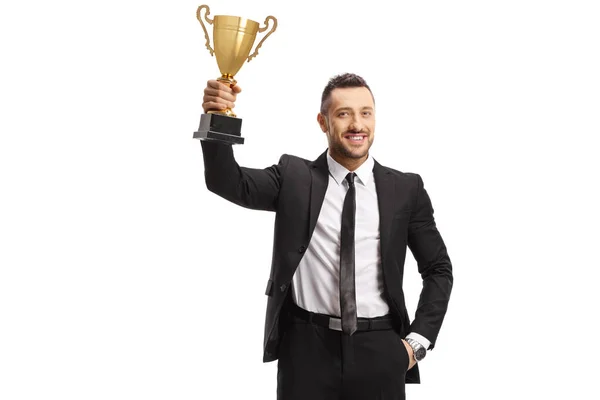 Усміхнений Бізнесмен Тримає Золоту Чашку Трофею Ізольовано Білому Тлі — стокове фото