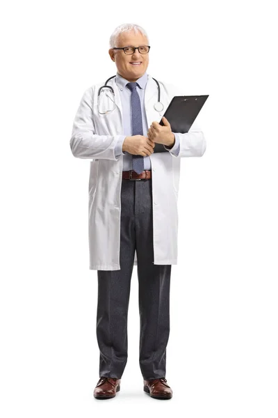 Full Length Portrait Mature Doctor Smiling Holding Clipboard Isolated White — Stock Photo, Image