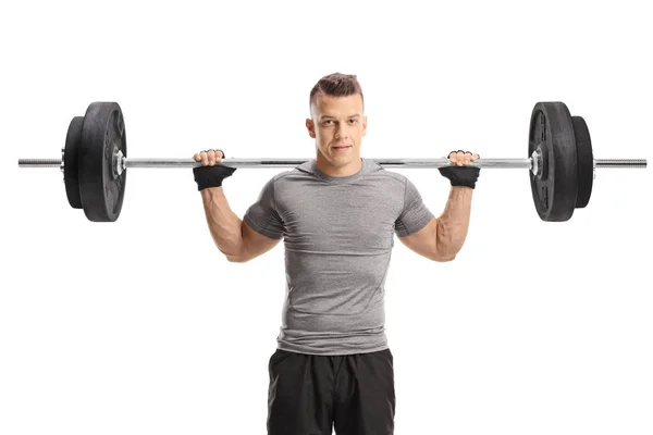 Guy Lifting Weights Shoulders Isolated White Background — Stock Photo, Image