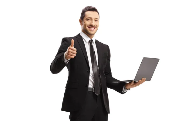 Hombre Negocios Sonriente Con Portátil Que Muestra Los Pulgares Hacia —  Fotos de Stock