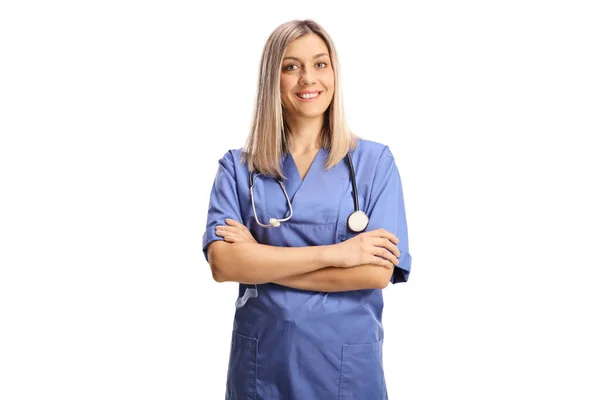 Female Health Care Worker Blue Uniform Smiling Camera Isolated White — Stock Photo, Image