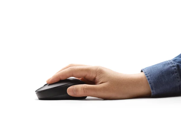 Mão Masculina Segurando Mouse Computador Mesa Branca Isolada Fundo Branco — Fotografia de Stock