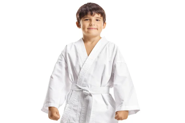 Niño Posando Kimono Karate Aislado Sobre Fondo Blanco — Foto de Stock