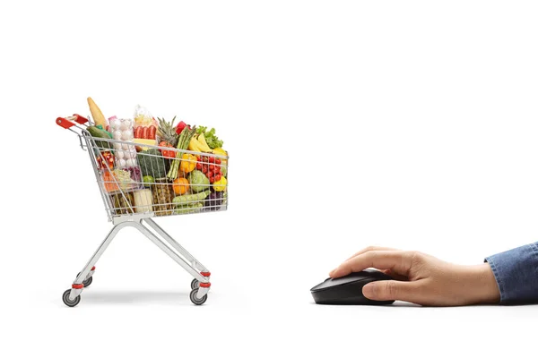 Hand Klikken Een Computermuis Voor Online Boodschappen Doen Met Een — Stockfoto