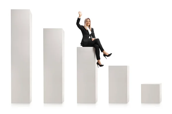 Businesswoman Sitting Graph Chart Waving Camera Isolated White Background — Stock Photo, Image