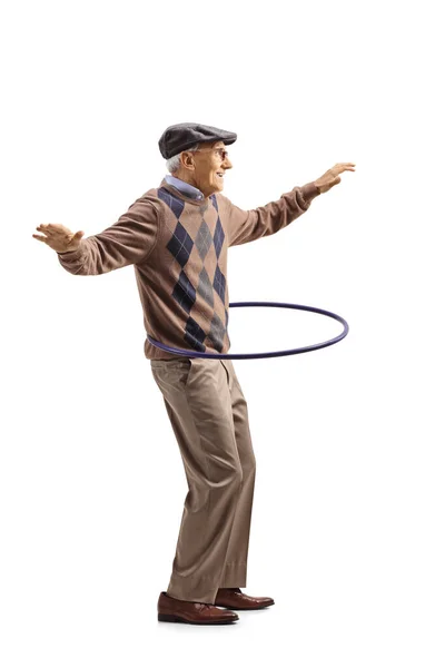 Full Length Profile Shot Older Man Spinning Hula Hoop Isolated — Zdjęcie stockowe