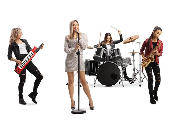 Female Music Band Drummer Sax Player Keaytar Player Front Singer — Stock Photo, Image