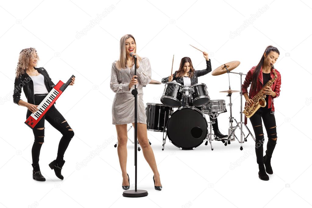 Female music band with a drummer, sax player, keaytar player and a front singer performing isolated on white background