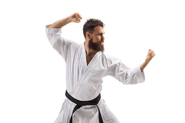 Homem Exercitando Artes Marciais Isolado Fundo Branco — Fotografia de Stock