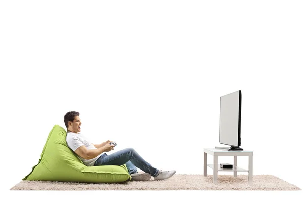 Young Man Sitting Green Bean Bag Playing Video Games Joystick — Stock Photo, Image