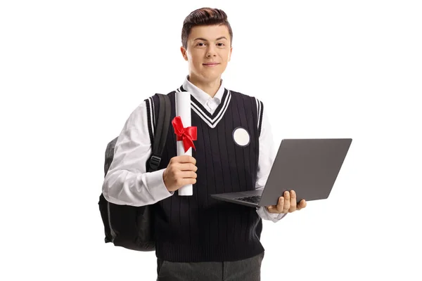 Schooljongen Met Een Laptop Een Diploma Geïsoleerd Witte Achtergrond — Stockfoto
