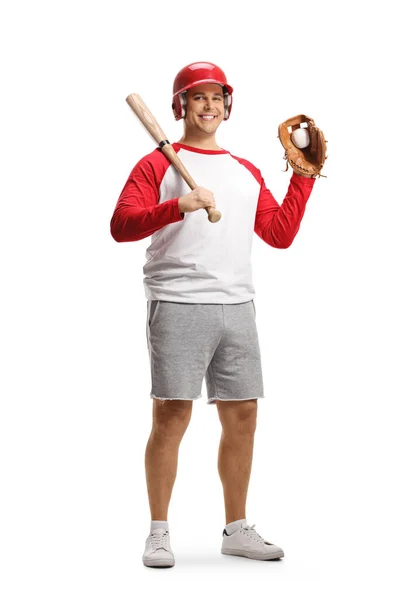 Portrait Complet Joueur Baseball Avec Une Batte Gant Une Balle — Photo