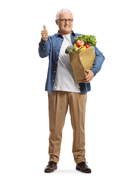 Full Length Portrait Mature Man Grocery Bag Showing Thumbs Isolated — Stock Photo, Image