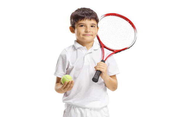 Gyermek Gazdaság Teniszfelszerelés Pózol Elszigetelt Fehér Alapon — Stock Fotó