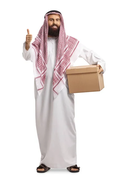 Full Length Portrait Saudi Arab Man Standing Cardboard Box Gesturing — Stock Photo, Image