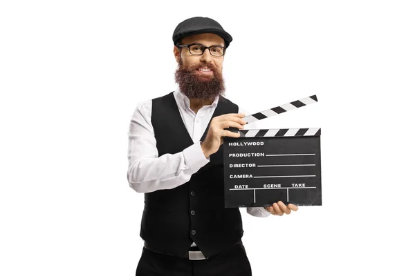 Beweeg Regisseur Met Baard Bril Met Een Clapperboard Geïsoleerd Witte — Stockfoto