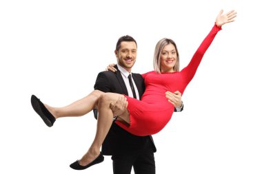 Karı koca beyaz arka planda izole ellerde.