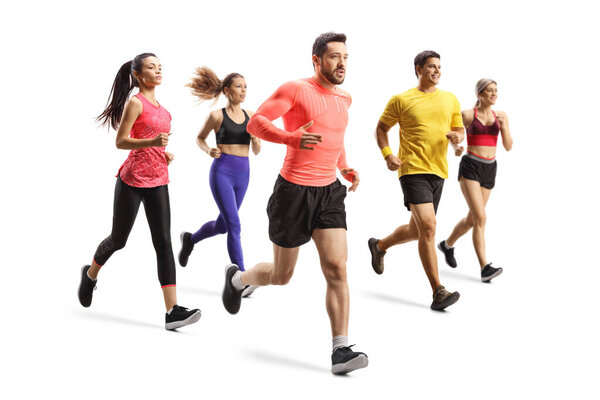 Group of young people running a race isolated on white background