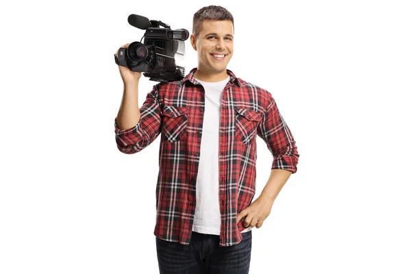 Man Holding Professional Recording Camera Smiling Isolated White Background — Stock Photo, Image