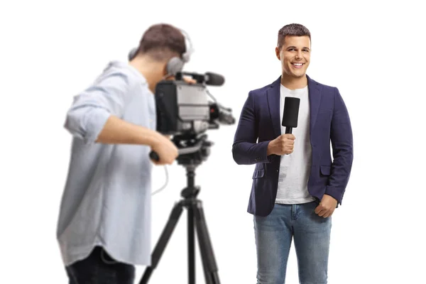Back View Cameraman Recording Male Reporter Isolated White Background — Stock Photo, Image