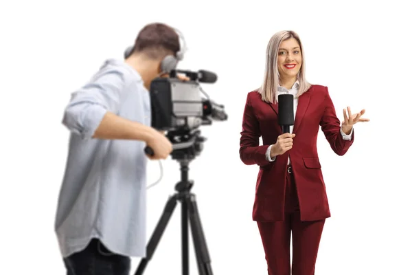 Cameraman Recording Female Reporter Microphone Isolated White Background — Stock Photo, Image