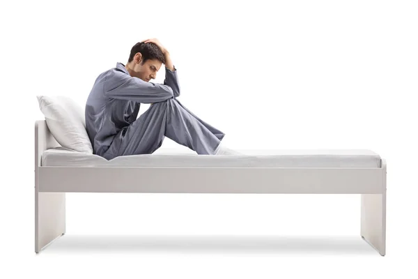 Full Length Profile Shot Sad Man Pajamas Sitting Single Bed — Stock Photo, Image