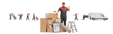 Mover, karton kutuları ve beyaz arka planda izole edilmiş bir minibüsü olan bir nakliye şirketinde çalışanları gösteriyor. 