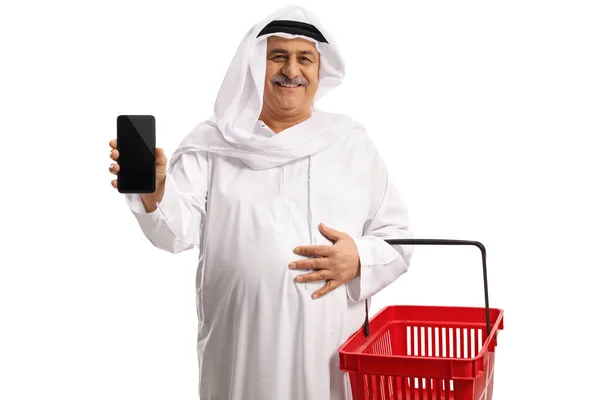 Щасливий Арабський Чоловік Тримає Кошик Смартфон Ізольований Білому Тлі — стокове фото