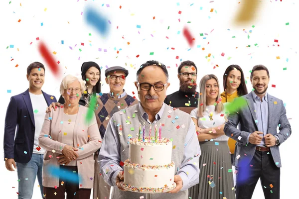 Uomo Anziano Che Festeggia Con Una Torta Compleanno Con Sua — Foto Stock