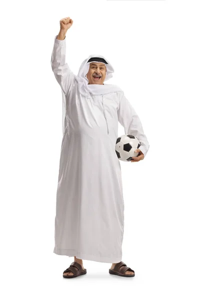 Full Length Portrait Mature Arab Man Soccer Ball Cheering Isolated — Stock Photo, Image