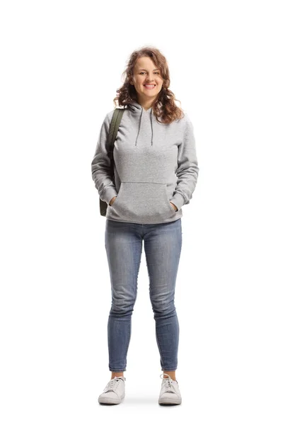 Full Length Portrait Female Student Standing Smiling Camera Isolated White — Stock Photo, Image