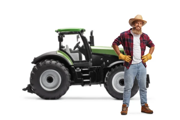 Full Length Portret Van Een Bebaarde Boer Met Handschoenen Een — Stockfoto