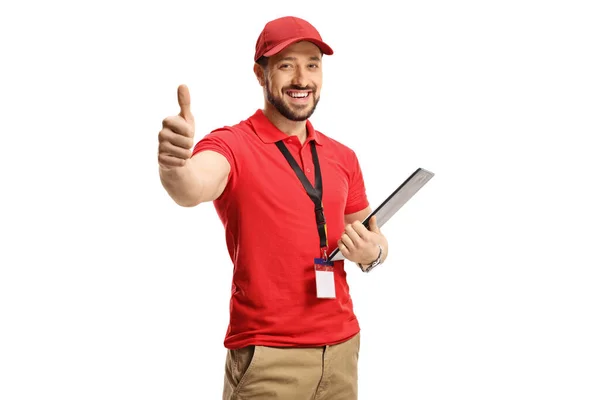 Masculino Loja Assistente Gesturing Polegar Para Cima Sinal Isolado Branco — Fotografia de Stock